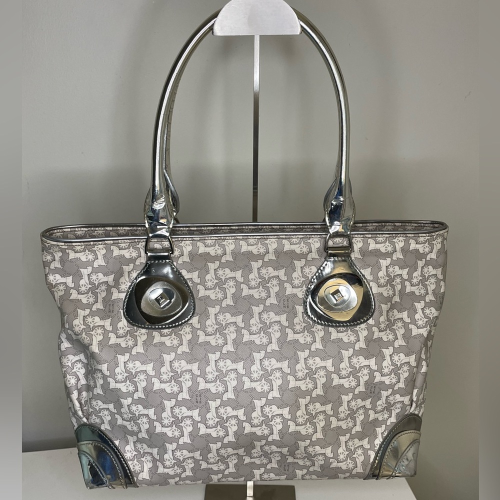 Celine Tote Bag Gray Silver White Salky PVC Leather Carriage Horse Metallic